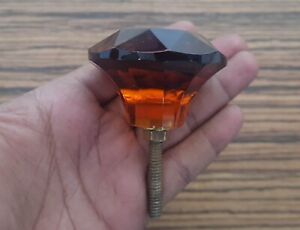 Vtg Amber Large Victorian Diamond Cut Glass Drawer Knob Handle Pull 2 2 Set 2pc