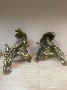 Pair Antique Gilt Brass Decorative Fireplace Andirons Bookends Birds Scrolls