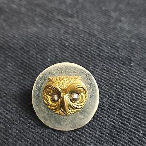 Antique Two Tone Metal Button With Raised Owl Face Rhinestone Eyes