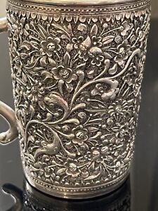Chinese Export Antique Silver Mug Cup 1850 1899 Hand Chased Marked