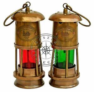 Lamp Minor Oil Nautical Ship Lantern Boat Brass Antique D Cor Redgreen Set Of 2