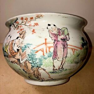 Antique Chinese Glazed Porcelain Basin 7 X 10 Hand Painted Signed Calligraphy