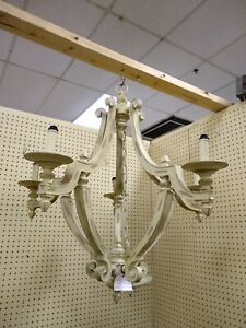 Vintage Wood Scroll Creamy White Five Arm Chandelier Distressed