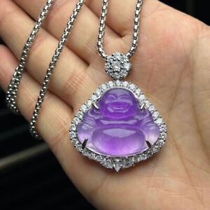 Certified Natural A High Ice Purple Jade Jadeite Carved Buddha Pendant Necklace