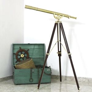 Antique Navy Heavy Brass Nautical 39 Telescope With Wooden Tripod Stand Decor
