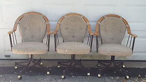 3 Vintage Mid Century Douglas Furniture Oak Metal Swivel Caster Dining Chair