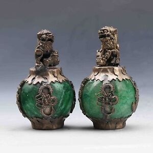 Exquisite Chinese Silver Dragon Inlaid Green Jade Hand Carved Pair Lion Statue