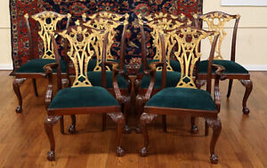 Nice Set Of 8 Chippendale Style Gold Mahogany Dining Chairs With Green Fabric