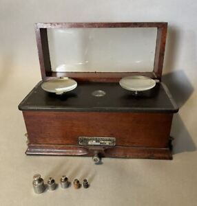 Vintage Antique Wooden Cased Torsion Balance Co Scale With Little Weights
