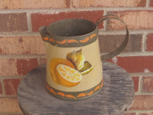 Vintage Rustic Metal Garden Watering Can Pitcher With Handle Orange Fruit Design