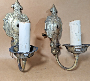 Pair Of Vintage Provincial Bronze Electric Candle Wall Sconce Lights