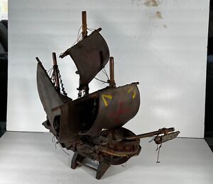 Vintage Antique Wood Pirate Fishing Scooner Ship Model 25 X 19 