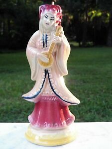 Small Mid Century Porcelain Table Lamp Oriental Lady Playing Lute