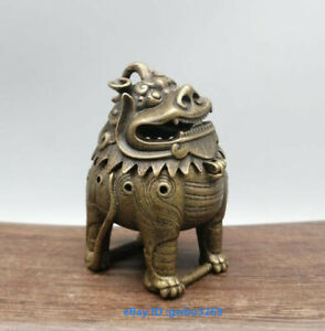 Chinese Archaize Pure Brass Carved Lucky Fu Dog Lion Small Incense Burner