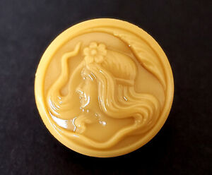 Vintage Caramel Glass Button Art Nouveau Woman Mucha Inspired