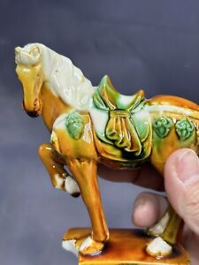 Vintage Chinese Tang Dynasty Sancai Glaze Porcelain Horse Figurine Marked