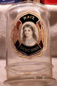 Huge Rare Label Under Glass Jar Raiz Genciana W Beautiful Girl Colorful Medicine