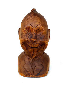 Antique Early 20th American Folk Art Carved Wood Bust Of A Billiken Signed
