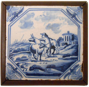 Rare 17th C Dutch Delft Antique Hnd Dec Blue Wht Cer Tile W Farmer Cows Oak Frm