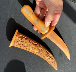 Old Bone Carved Knife Chinese Dragon Sword Dagger Display Collection