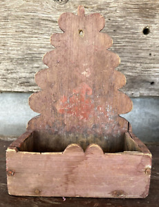 Antique Folk Art Wall Box Scalloped Edges Salmon Paint Tree Form Circa 1900