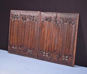 Pair Of Gothic Linen Fold Carved Panels Trim In Solid Oak Wood