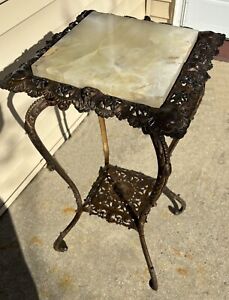 Antique Ornate Cast Metal Brass Fern Plant Stand With Stone Onyx Top