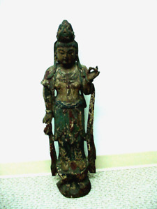 Antique 18th Chinese Painted Wood Temple Quan Yin Carved Statue 31 X 9 X 7 