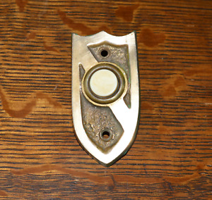 Vintage Brass Door Bell Plate W Button Shield Design Mid Century Salvage