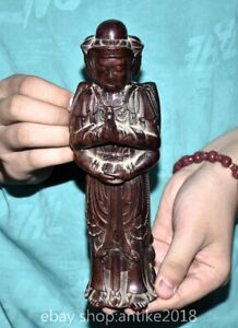 9 Old Chinese Huanghuali Wood Carved Buddhism 3 Head 4 Arms Buddha Statue