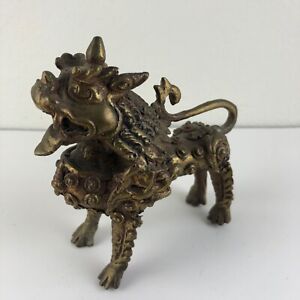 Vintage Antique Chinese Foo Dog Verdigris Bronze Brass Beast Lion Statue Marked