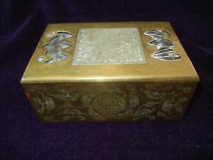 Antique Chinese Etched Brass Box With Carved Jades