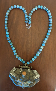 Antique Tibetan Flint Tinder Pouch On Heavy Turquoise Bead Necklace 12 8 Oz 