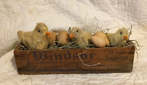 Primitive Dirty Yellow Spring Chicks Eggs In Vintage Windsor Cheesebox
