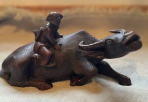 Vintage Chinese Hand Carved Wood Sculpture Of A Boy Man On A Water Buffalo Oxen