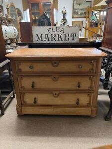 Antique Marble Top Oak Wood Dresser Circa 1900 Cove And Pin Joint 3 Drawers