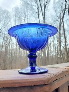 Early 19th Century Cobalt Blue Blown Ribbed Footed Bowl W Folded Rim Pontil