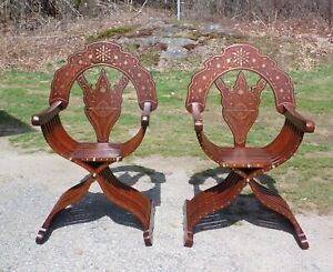 Vintage Pair Traditional Middle Eastern Teak Brass Inlaid Savonarola Chairs