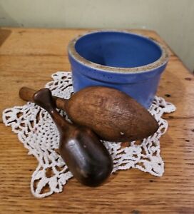 Vintage Blue Stoneware Crock Rustic Primitive Pottery With Primitve Spoons