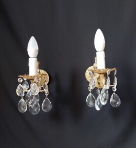 Vintage Pair Of French Brass Crystal 1 Light Sconces Wall Lights