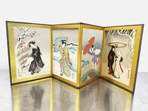 Vintage Framed Japanese Seasons Scene Prints Folding Screen Suzuki Harunobu