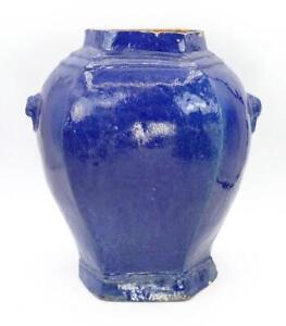 Big Antique Chinese Ming Dynasty Cobalt Blue Monochrome Ceramic Vase Jar