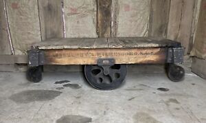 Original Antique Furniture Factory Cart Railroad Luggage Coffee Table Lineberry