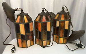 Vintage Slag Glass Pendant Light Fixtures 3 Lantern Style 11 Tall 6 Diameter