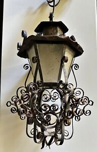 Vtg Spanish Revival Gothic Metal Scroll Hanging Lamp Chandelier Works