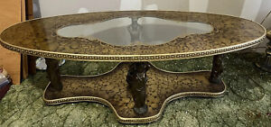 Vtg Hollywood Regency Coffee Table Goddess Women Gold Glass Gilded Brass