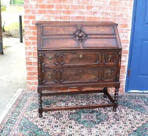 English Antique Oak Jacobean Front Drop Desk Home Office Furniture