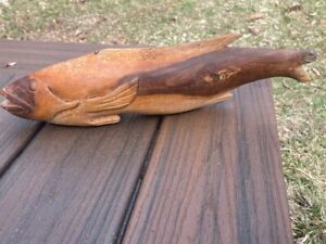 Old Antique Fish Wood Carving Solid Hard Wood Fish Decoy Sculpture