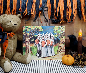Primitive Vintage Retro Modern Style Halloween Ghost Girls Woods Pumpkins Sign