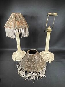 Pair Antique Cast Metal Oil Lamp W Beads Punched Tin Shades Unique 4443